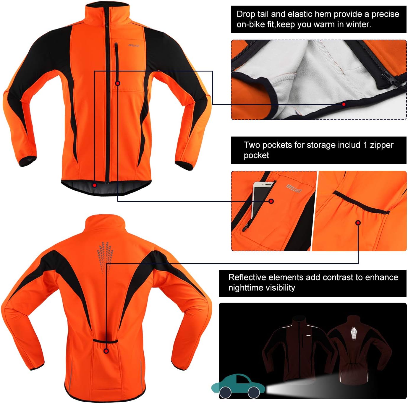 ARSUXEO Winter Warm UP Thermal Softshell Cycling Jacket Windproof Waterproof 15-k