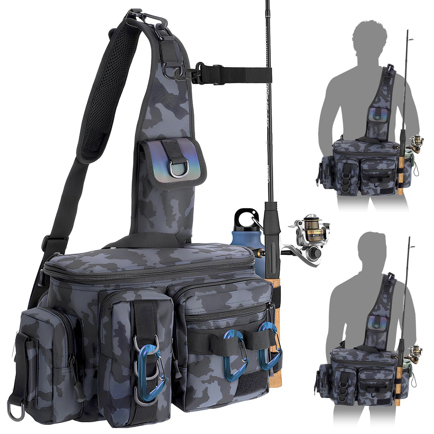 Fishing Bag, Fishing Tackle Storage Bag Chest Pack Rod Holder Shoulder Pack & Waist Bag Organizer with Belt & Shoulder Strap, Colorful Reflective Stripes for Hiking Fishing Camping (Black Camouflage)
