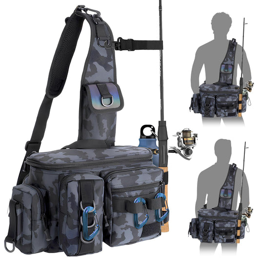 Fishing Bag, Fishing Tackle Storage Bag Chest Pack Rod Holder Shoulder Pack & Waist Bag Organizer with Belt & Shoulder Strap, Colorful Reflective Stripes for Hiking Fishing Camping (Black Camouflage)