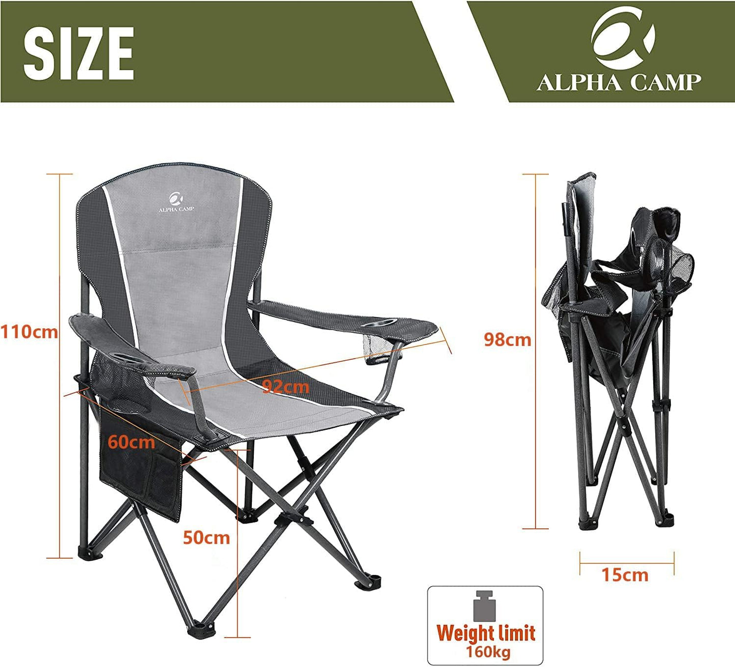 ALPHA CAMP Oversized Camping Folding Chair - Heavy Duty Steel Frame Support 350 LBS, Collapsible Padded Arm With Cup Holder, Quad Lumbar Back, Portable for Outdoor/Indoor