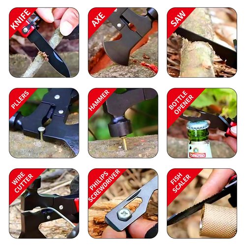 Camping Gear Multitool, Stocking Stuffers for Men 13-in-1 Camping Accessories Multitool Hatchet Camping Tool with Axe Survival Gear for Outdoor Hunting Hiking, Emergency Escape Tool