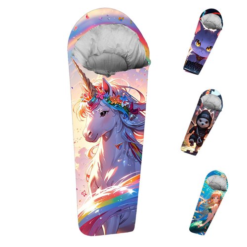 Mummy Style 32 – 59F Kids Sleeping Bag with Pillow Sleeve, Full Scale Digital Printing Unicorn, Mermaid, Kitty or Puppy, Lightweight, Ideal for Camping, Sleepover, Boys, Girls, Youth and Toddlers
