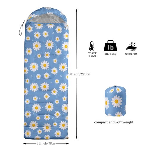 Datura home Kids Sleeping Bag for Boys,Daisy Blue-Lightweight Warm Outdoor Indoor-Waterproof Cold Weather Resistant Sleeping Bag for Camping Hiking(Daisy 32"*90")