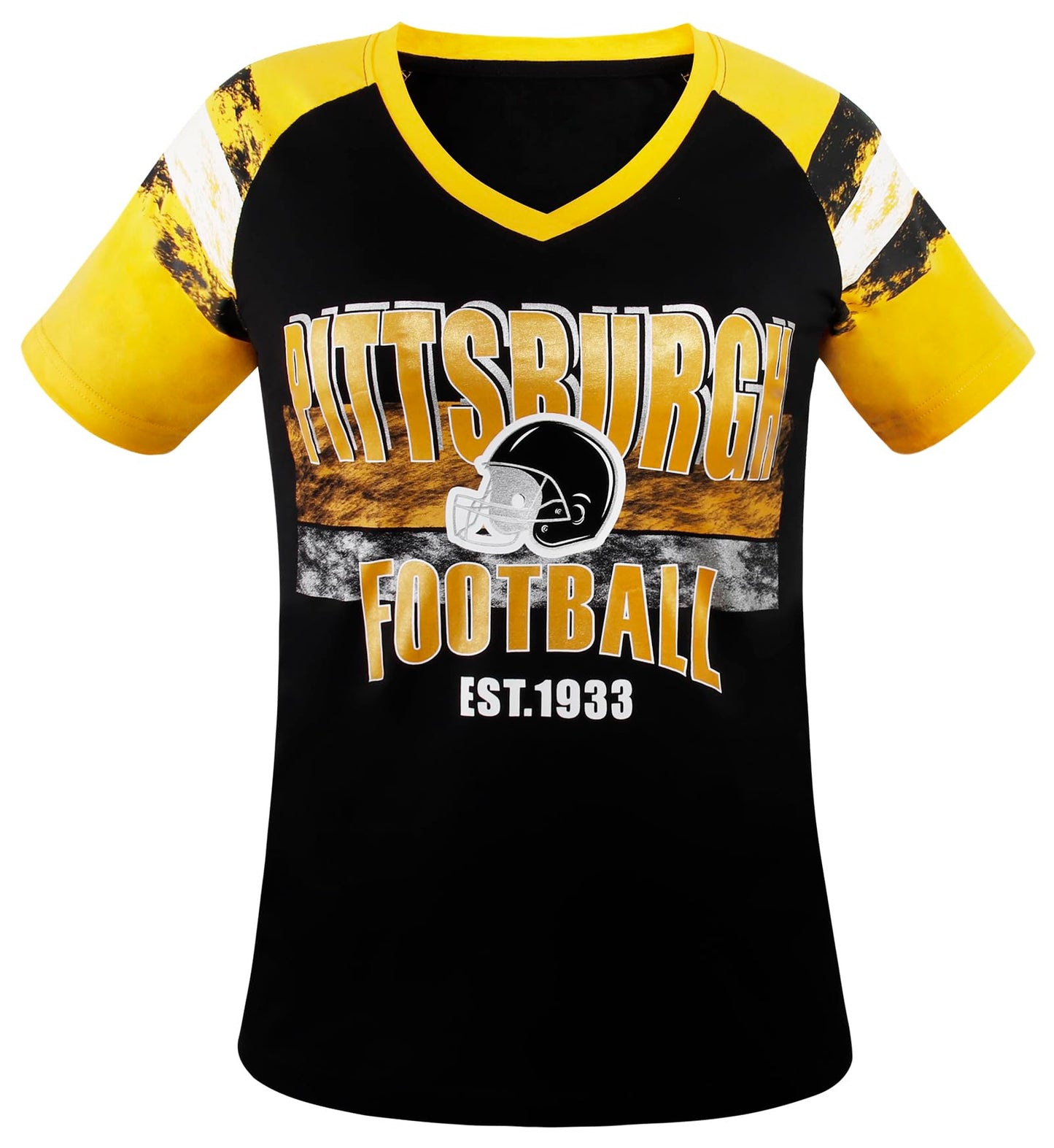 Geneisteck Womens Football Fans V Neck City Raglan T-Shirts - Black & Yellow X-Large