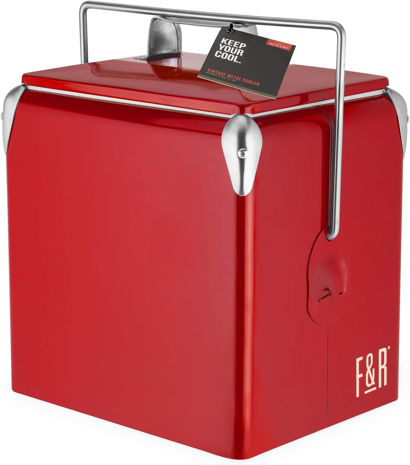 Foster & Rye Stainless Steel Retro Cooler, Vintage Metal cooler, Antique Beverage Chiller and Ice Chest, Plastic Lined Drink Chest, Mounted Bottle Opener, Holds a 6-pack, Red