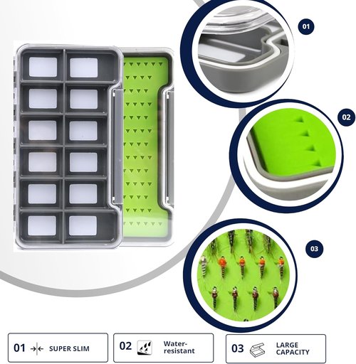 Maxcatch Super Slim Magnetic Back Waterproof Fly Fishing Box: 6, 12, or 18 Compartments(HB98B (12 Compartments))