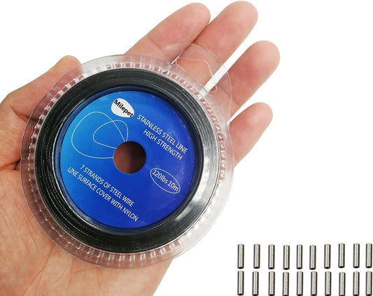 10LB-200LB Fishing line Wire Leader Vinyl Coated Stainless Steel Trace Lures Leader Wire 10 Meter,with 20pcs Crimps Sleeves,Black & Silver Select
