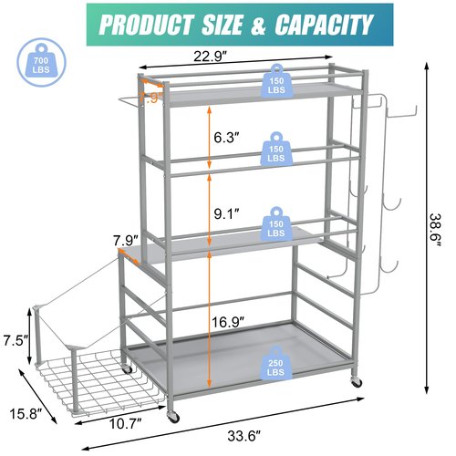 Cofiyard 700LBS Dumbbell Rack,5 Tier Weight Rack for Dumbbells,Home Gym Storage Rack for Dumbbells Kettlebells and Yoga Mat, All in One Heavy Duty Weight Organizer with Wheels and Hooks (Silver)