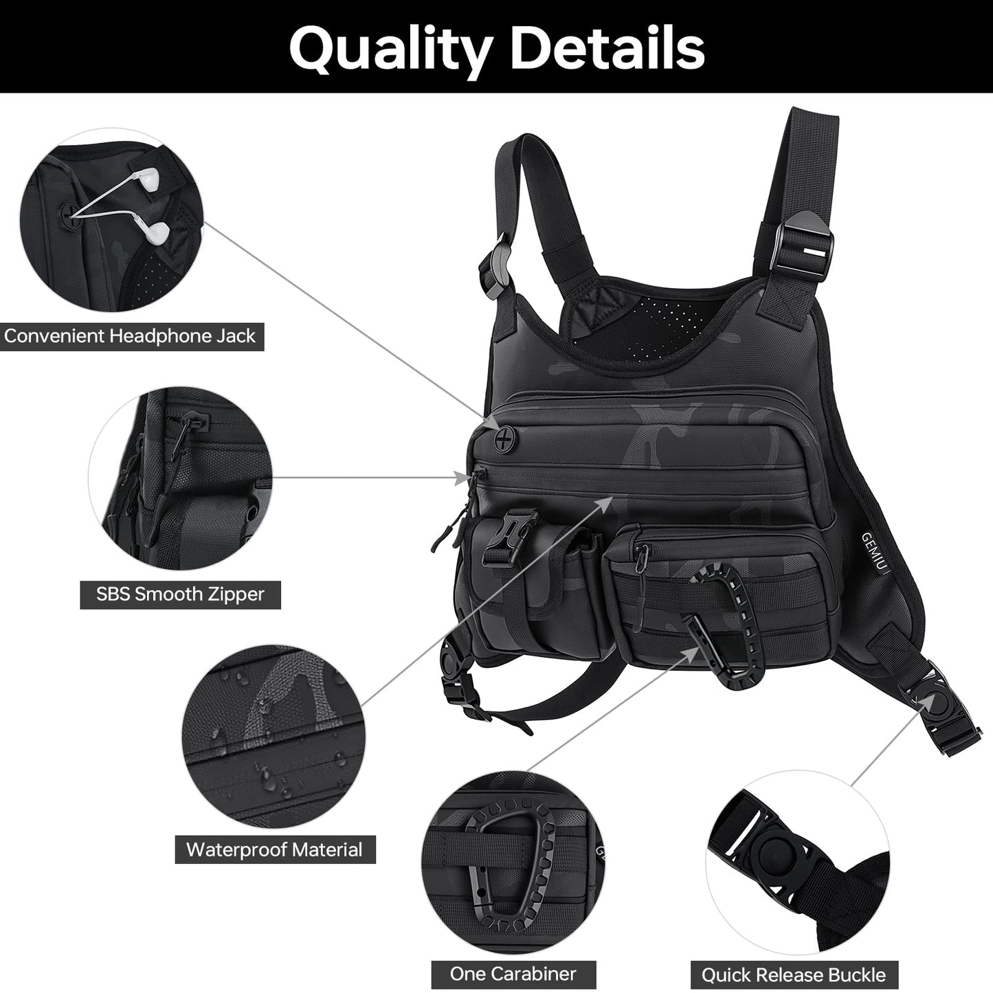 GEMIU Outdoor Sports Chest Bag for Men, Tactical Inspired Sports Utility Chest Pack Large Capacity Lightweight Front Running Vest for Men With Built-In Phone Holder EDC Bag for Hiking,Cycling