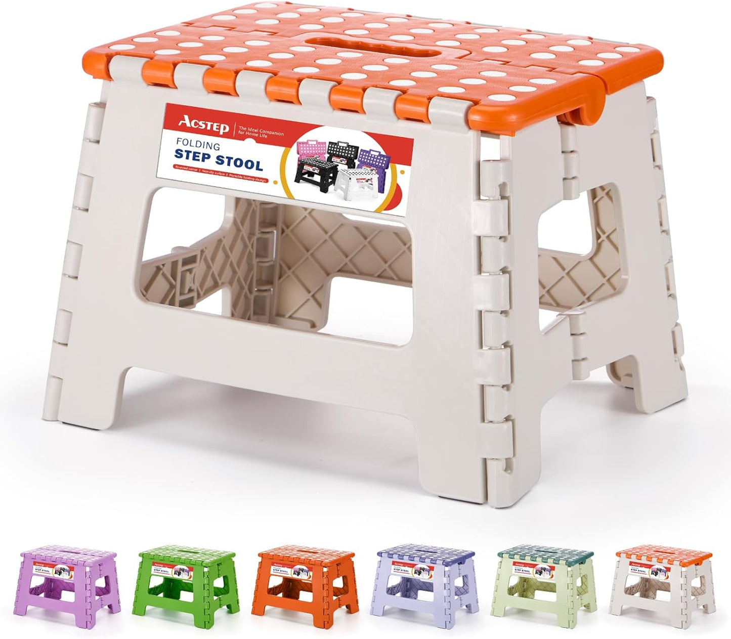 ACSTEP Folding Step Stool Foldable Stool 7.5 Inch Height Kids Step Stool, 300 lb Capacity Plastic Collapsible Stool, Stepping Stool with Handle Black Small Step Stool, Foot Stool Suitable for Kitchen