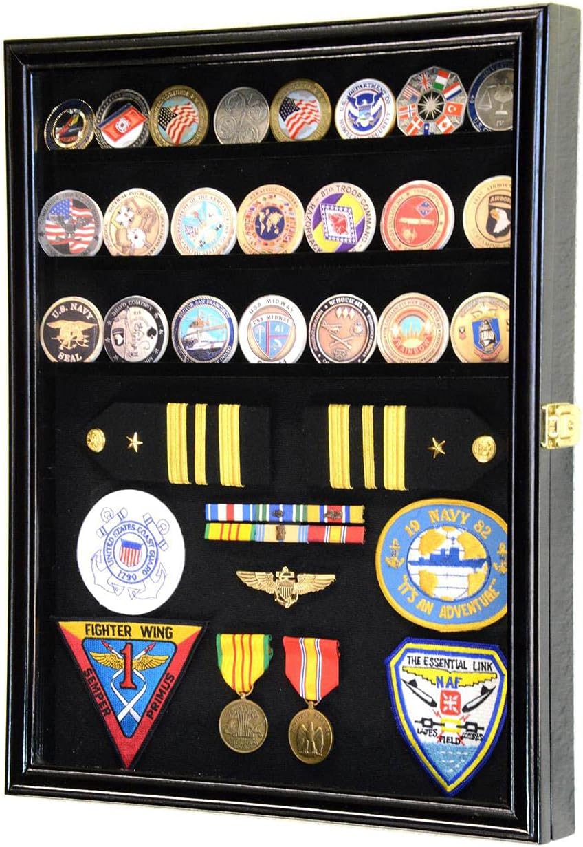 56 Challenge Coin Display Case Cabinet - Fully Adjustable Shelves - Larger Coins - 98% UV Protection (Black Finish)