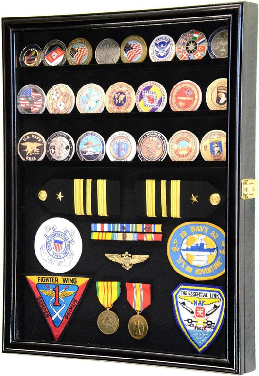 Challenge Coin/Medals/Pins/Badges/Ribbons/Insignia/Buttons Chips Combo Display Case Box Cabinet (Cherry Finish)