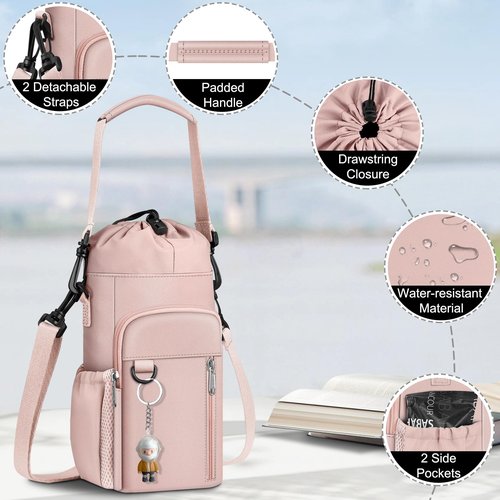 CaseBot Water Bottle Carrier Bag with Shoulder Strap, 32 40 oz Insulated Water Bottle Pouch Holder, Water Bottle Sleeve with Phone Pocket for Walking Hiking Picnic, Pink