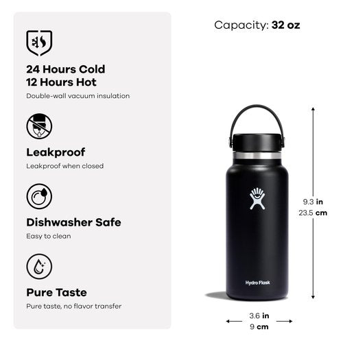 Hydro Flask Water Bottle - Insulated Stainless Steel - Wide Mouth Flex Lid, Non Spill, Leakproof and Refillable in 32 Oz Reef Pink