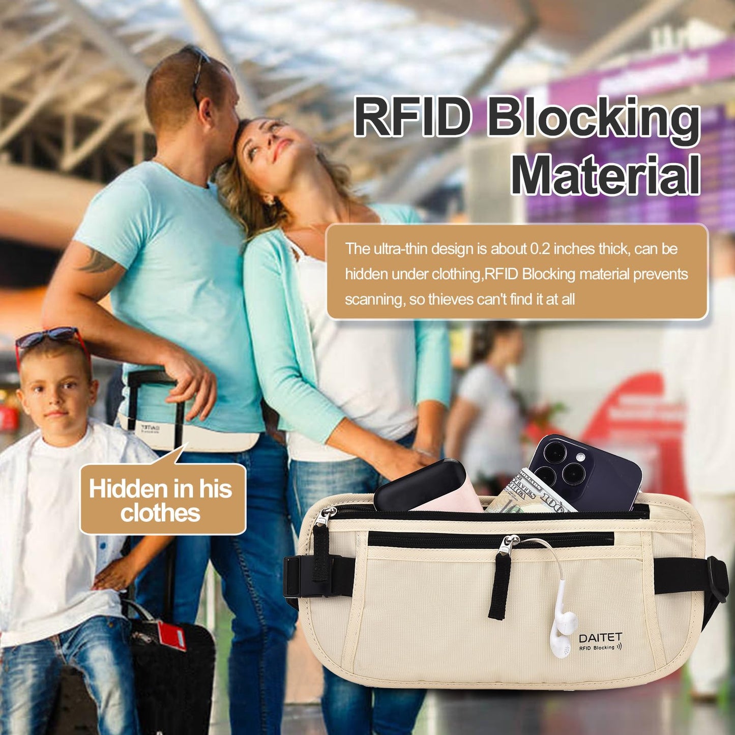 Money Belt for Travel - RFID Slim Passport Holder Travel Pouch Concealed， Anti-theft