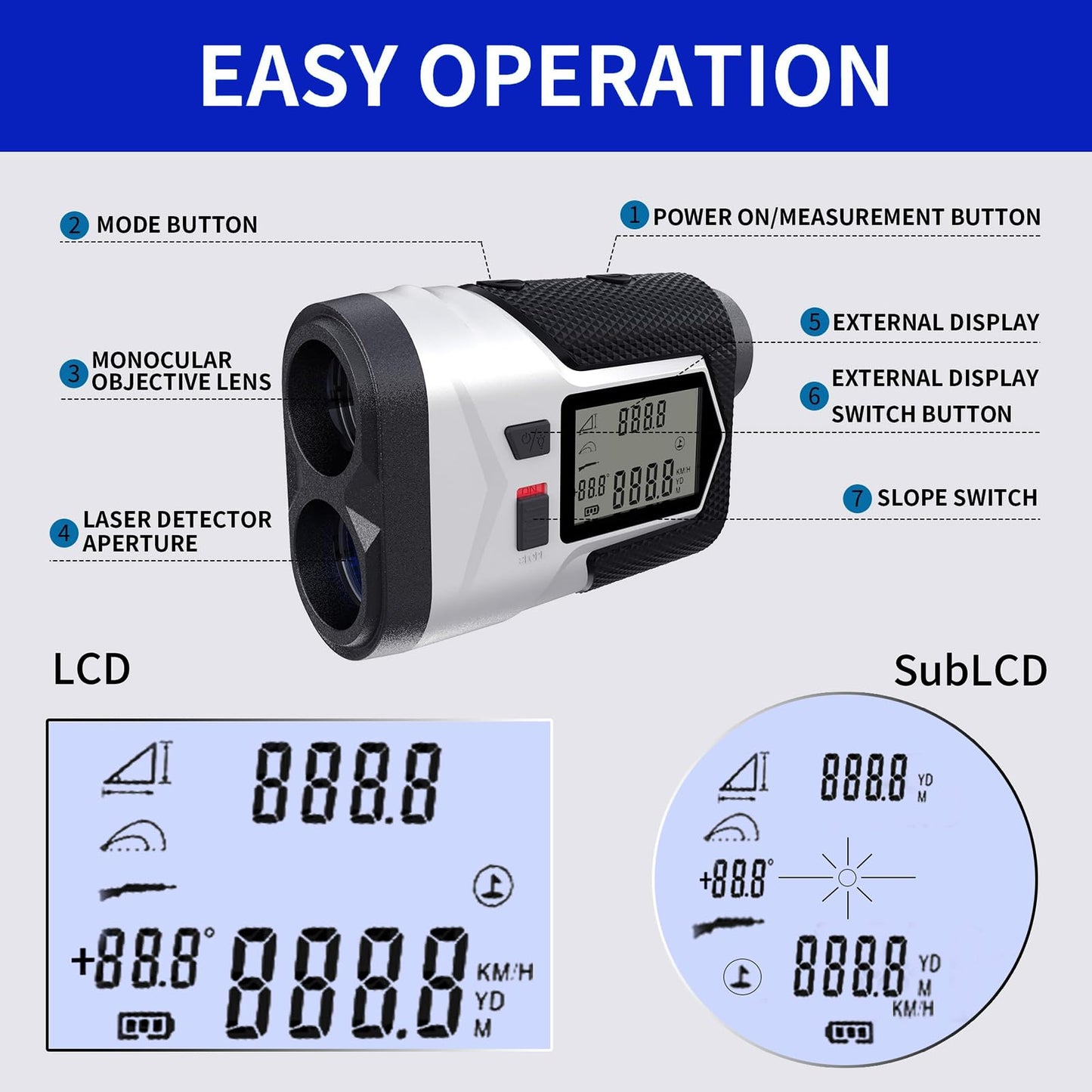 Golf Rangefinder 1200Yds – Rechargeable Laser Distance Finder with Flag Lock, Slope Mode, Side LCD, 6X Magnification, USB-C, for Yardage & Club Selection