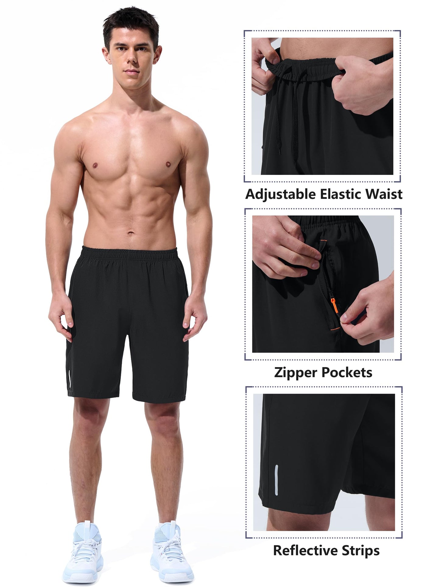 UIQUR Mens Athletic Shorts Running Shorts Quick Dry Workout Shorts 7"/ 9" Lightweight Gym Basketball Shorts Zipper Pockets Black M