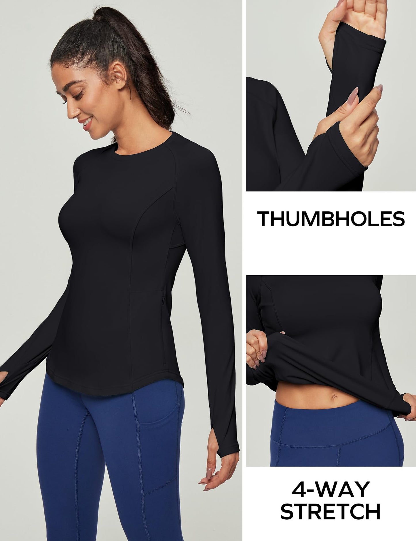 Ewedoos Thermal Shirts for Women Zipper Pocket Fleece Lined Long Sleeve Workout Tops Compression Running Hiking Ski Gear Black