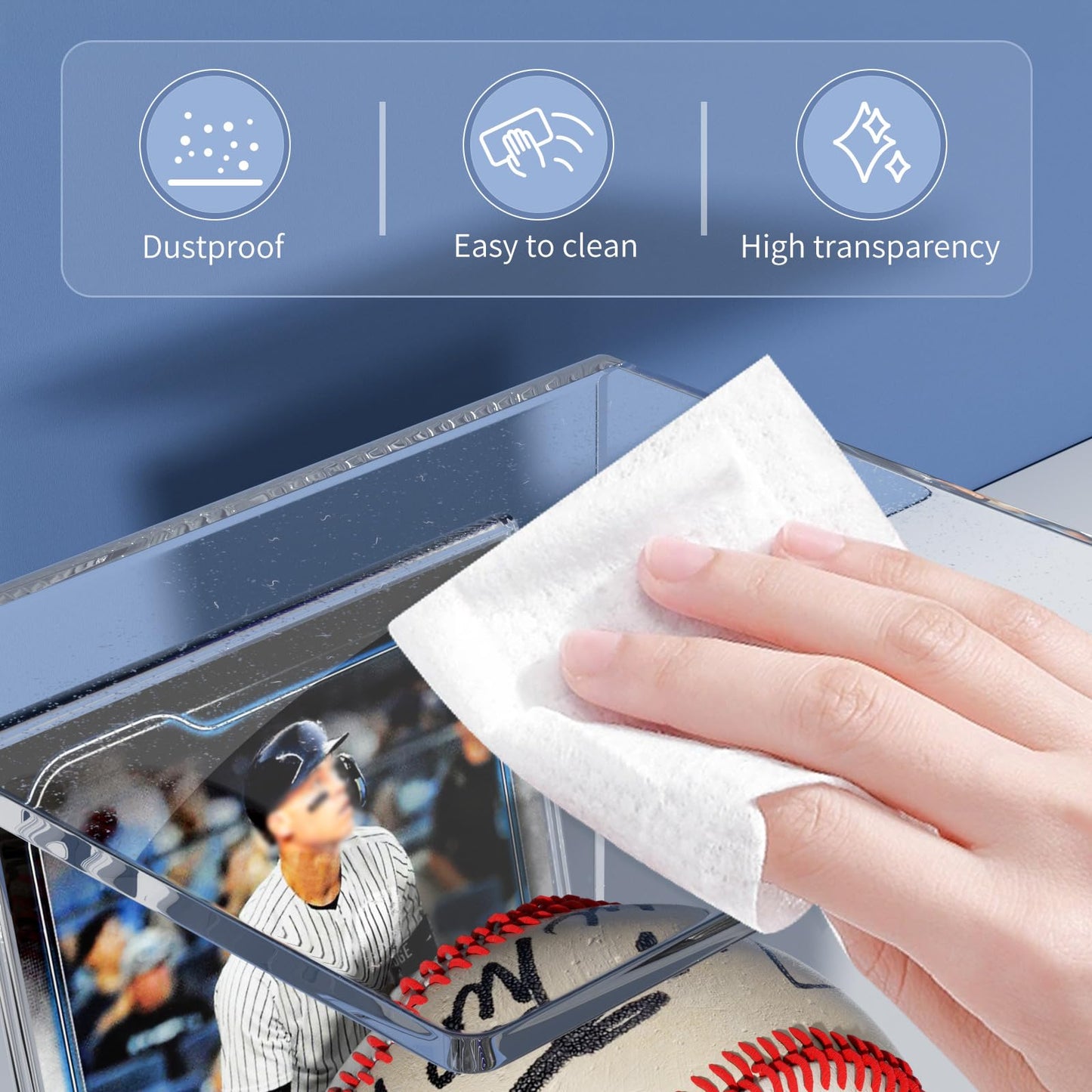 FEMELI Baseball Case Display Holder: 2PCS Acrylic Clear Ball Box with Base/Card Slot-Memorabilia Showcase Autograph Softball Protector Stand (Blue)