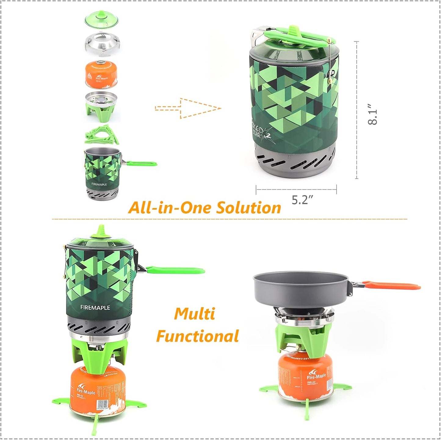 Fire-Maple Camping Backpacking Stove Camp Stove Backpacking Cooking Set 1L Camping Pot Fixed Star 2 Cooking System (Green)