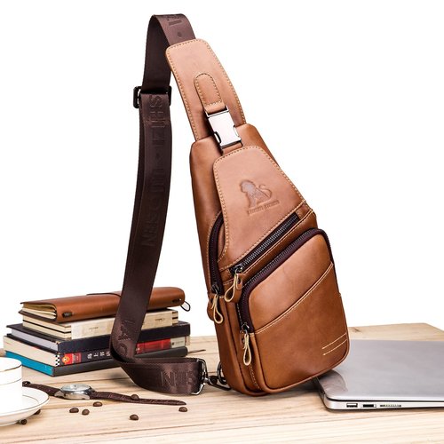 Pundarika Leather Sling Bag for Men - Crossbody Shoulder & Chest Bag; Multifunctional Travel & Hiking Backpack - Black