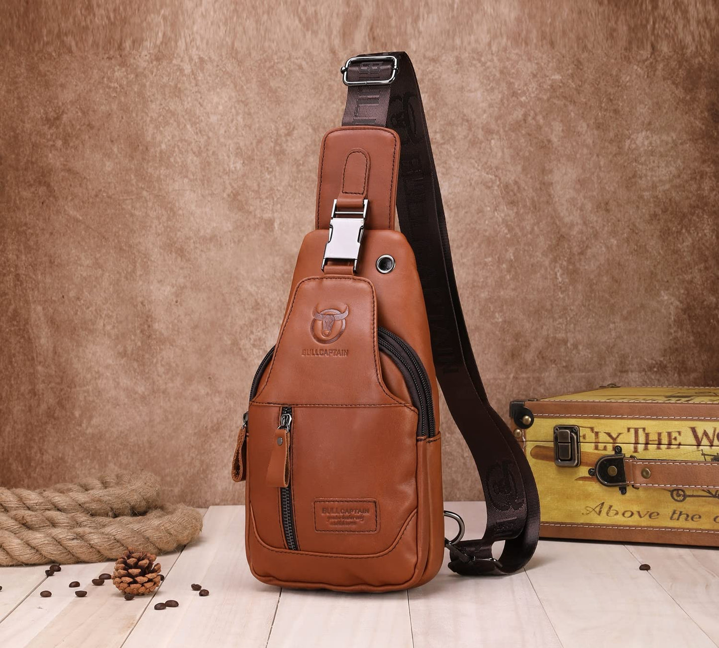 BULLCAPTAIN Sling Bag Genuine Leather Crossbody Backpack Outdoor Travel Chest Bag Daypack (095-Brown3)