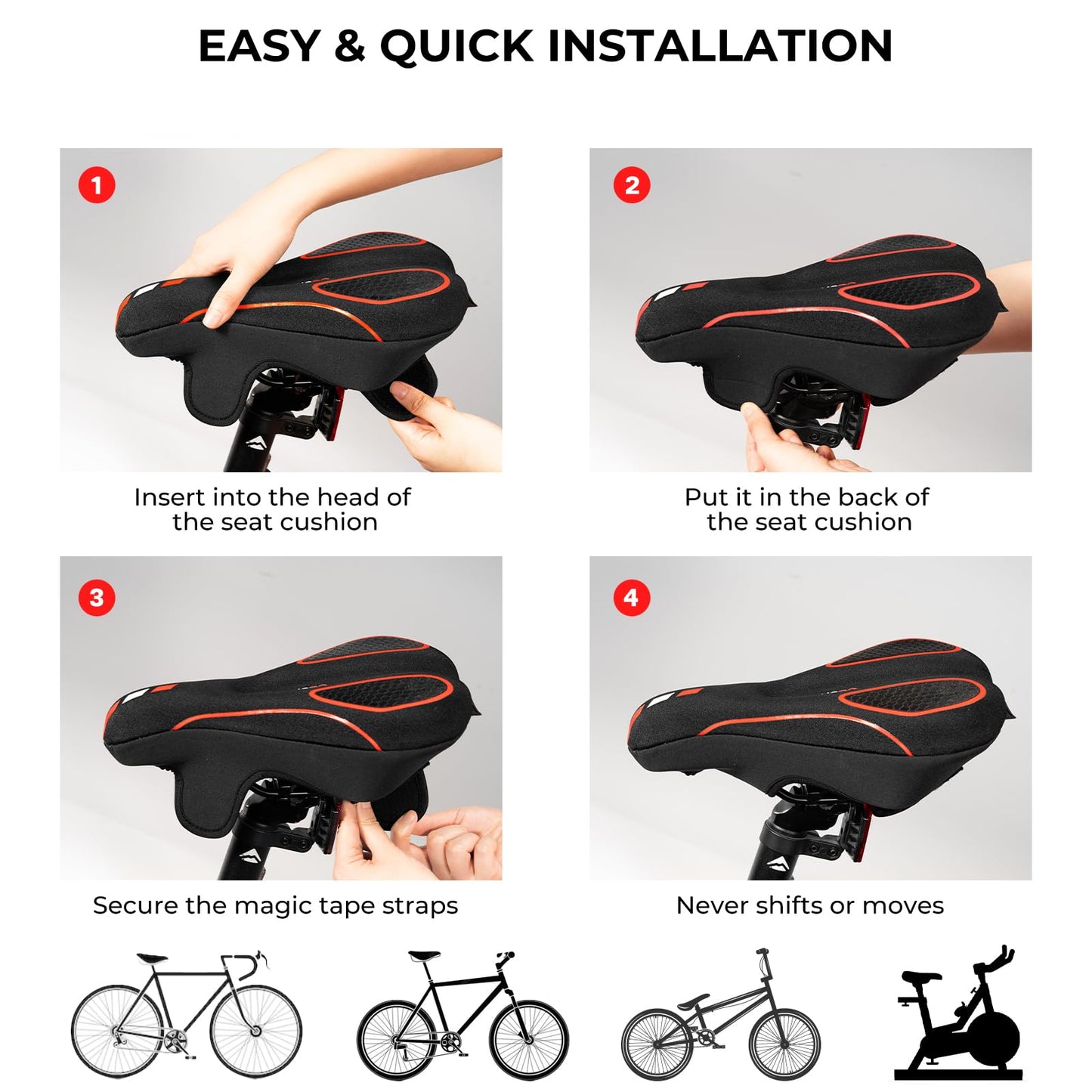 YOUNGDO Bike Seat Cushion with Waterproof Gel Bike Seat Cover, 11.2" x7.4, Bicycle Seat Cushion for Bike Seat, Shock Absorbing, Seats Cushion Fit for Peloton, BMX, MTB & Road