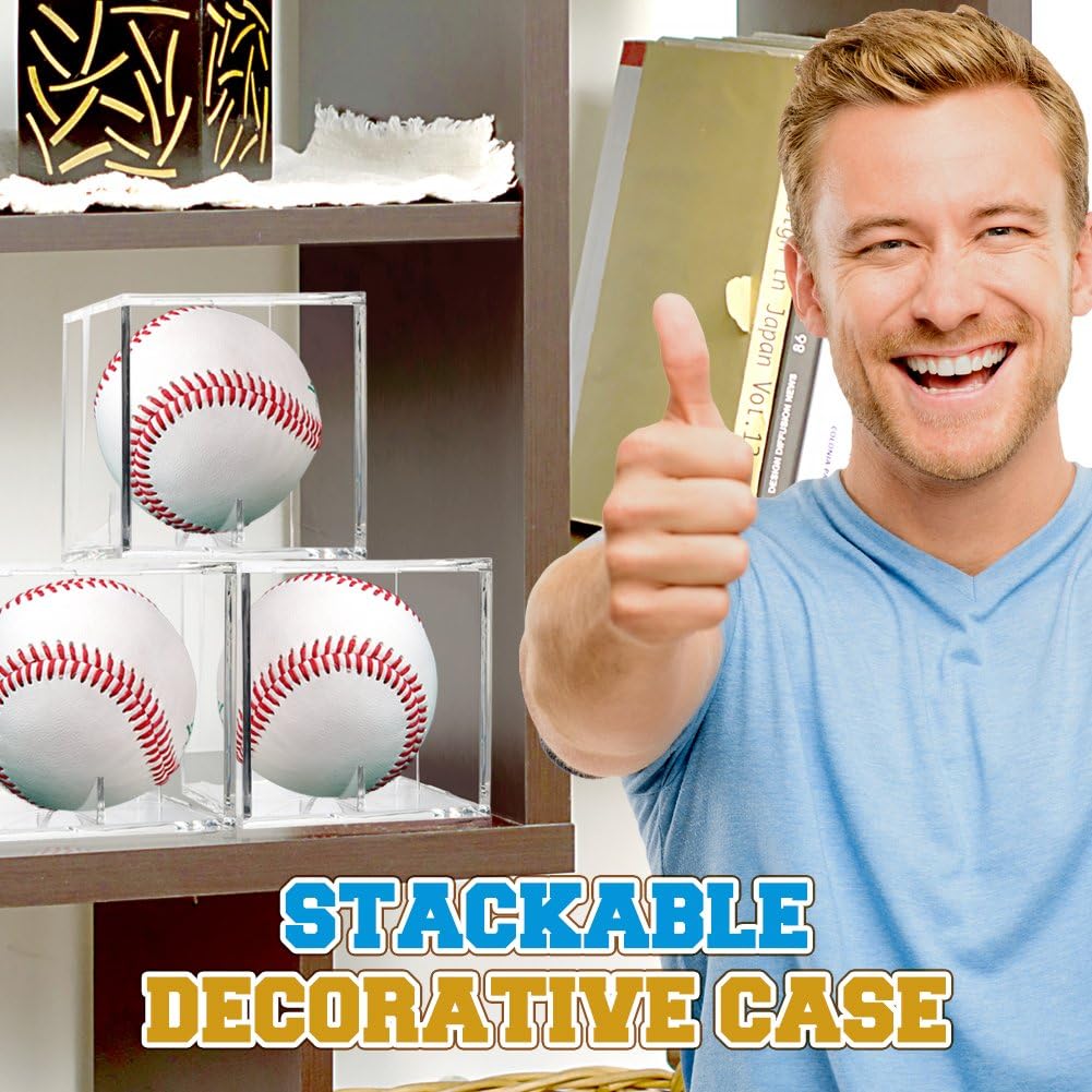 | Full Acrylic Stackable Baseball Memorabilia Cube | 3.2 x 3.2 x 3.2” Clear Transparent Square Baseball Storage with Build in Stand to Display Base Ball with Autograph