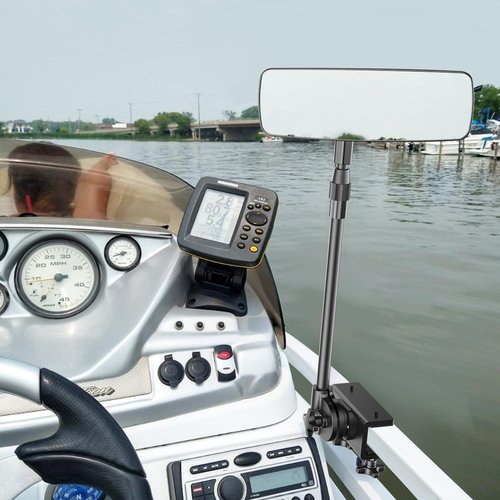 Tewgug Boat Mirror, Upgraded Pontoon Boat Rear View Mirror with Telescopic Pole & Heavy Duty Bracket,Wide Angle Adjustable Marine Rear View Mirror for Pontoon Boat Ski Boats Water Skiing
