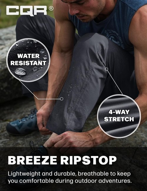 CQR Men's Lightweight Vent Hiking Pants, Water-Resistant & Breathable Sports Outdoor Athletic Pants with Elastic Waist, Ascend Crux Carbon Grey, 32W x 30L