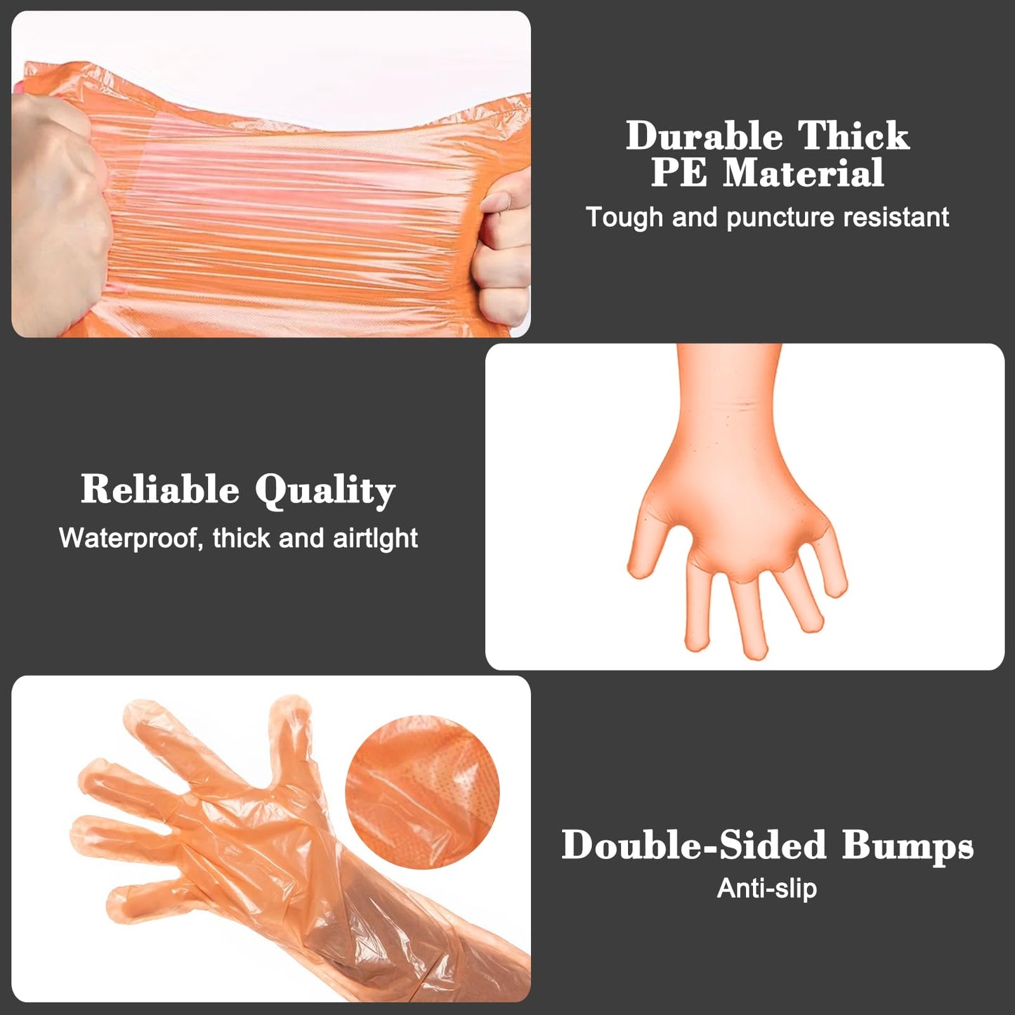 60 Pairs Field Dressing Gloves Deer Gutting Hunting Cleaning Mittens Accessory Kit Include Disposable Arm Gloves and Short Nitrile Gloves Combo with Rubber Bands Black Orange