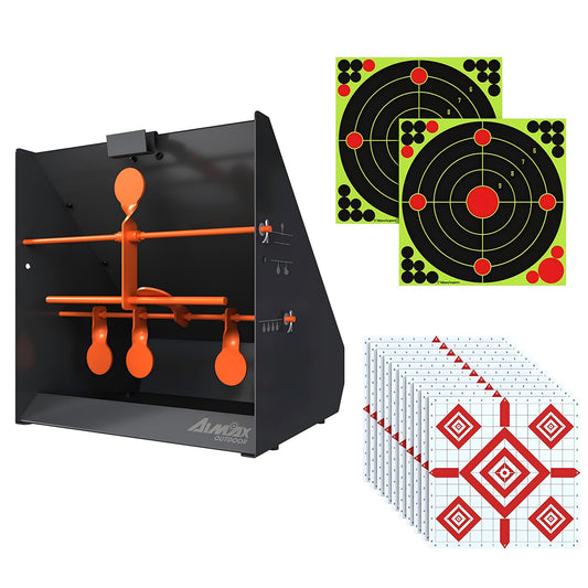 AIMAX OUTDOOR Pellet Gun Target Trap with Center Shot - 12pcs Paper Targets and 4 Resetting Metal Shooting Targets for Airgun, Rifle, Rimfire, Perfect for Backyard, Outdoor, Indoor Shooting Practice