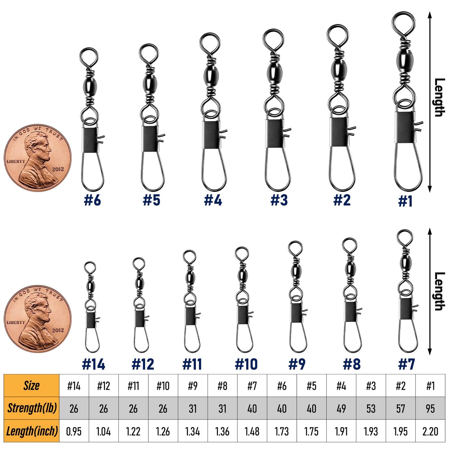 Alwonder 100-Pack Fishing Barrel Swivels with Snaps, Fishing Snap Swivels Fishing Tackle Stainless Safty Interlock Fishing Snaps Lure Hook Connector Clips Freshwater #14