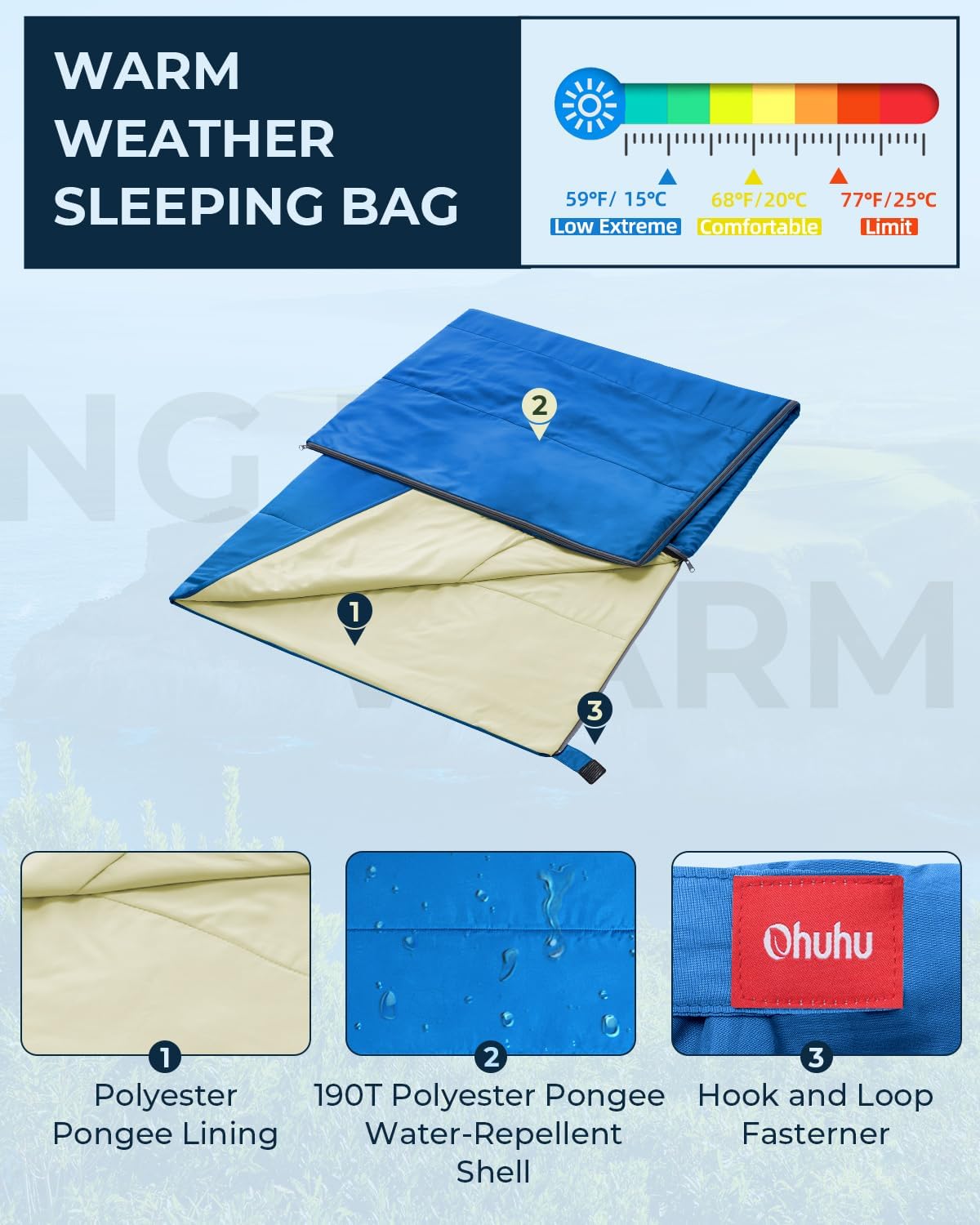 Sleeping Bag, Ohuhu Lightweight Sleeping Bag 3 Season Warm Weather Portable Compact Sleeping Bags for Adult Kids with Carry Bag for Camping Hiking Backpacking and Outdoors 59℉-77℉
