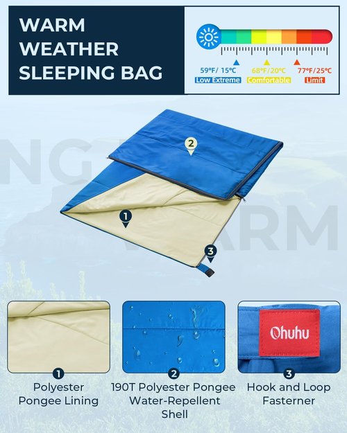 Lightweight 3-Season Sleeping Bag for Adults & Kids - Portable Compact Design for Camping & Hiking (59℉-77℉)