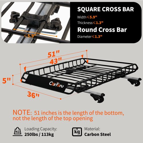 Carforu Roof Rack Basket 51″ X 36″ X 5″ Universal Rooftop Cargo Basket, 250LB Heavy Duty Cargo Basket Car Roof Basket for SUV, Truck, Cargo Net with Attachment Hooks, 2pcs Ratchet Straps
