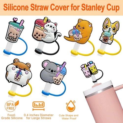 Straw Toppers For Stanley Cups 40 Oz Cute, 10mm 0.4in,7pcs Animals Covers Cap Cup Accessories,Straw Covers Cap For Tumblers,Stanley 40 Oz Tumbler