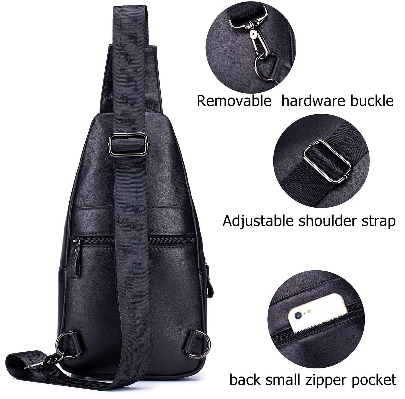 BULLCAPTAIN Men Sling Chest Bag Genuine Leather Casual Multipurpose Crossbody Shoulder Backpack Travel Hiking Daypack (Black)