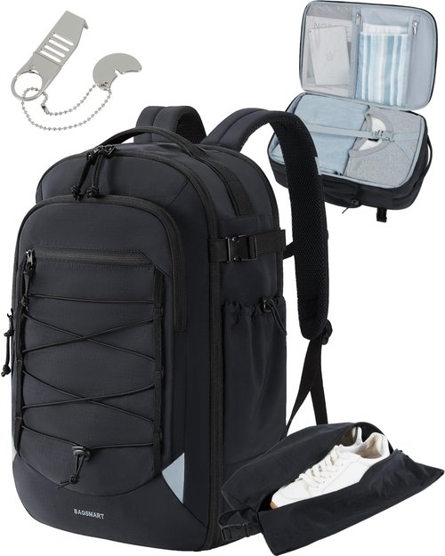 BAGSMART Carry On Travel Backpack, 17.3 Inch Large Travel backpack Carry On Flight Approved, Personal Item Backpack Travel Bag With Shoe Bag, 27L Water Resistant Casual Daypack, Black