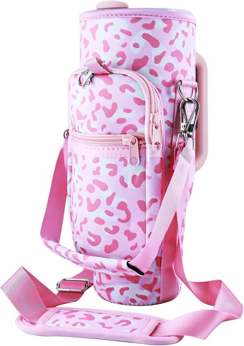MENGSOOD Water Bottle Carrier Bag with Phone Pocket for Stanley 30 oz Tumbler with Handle,Pink leopard Water Bottle Holder with Adjustable Strap Compatible with Stanley Cup Accessories (Leopard Pink)
