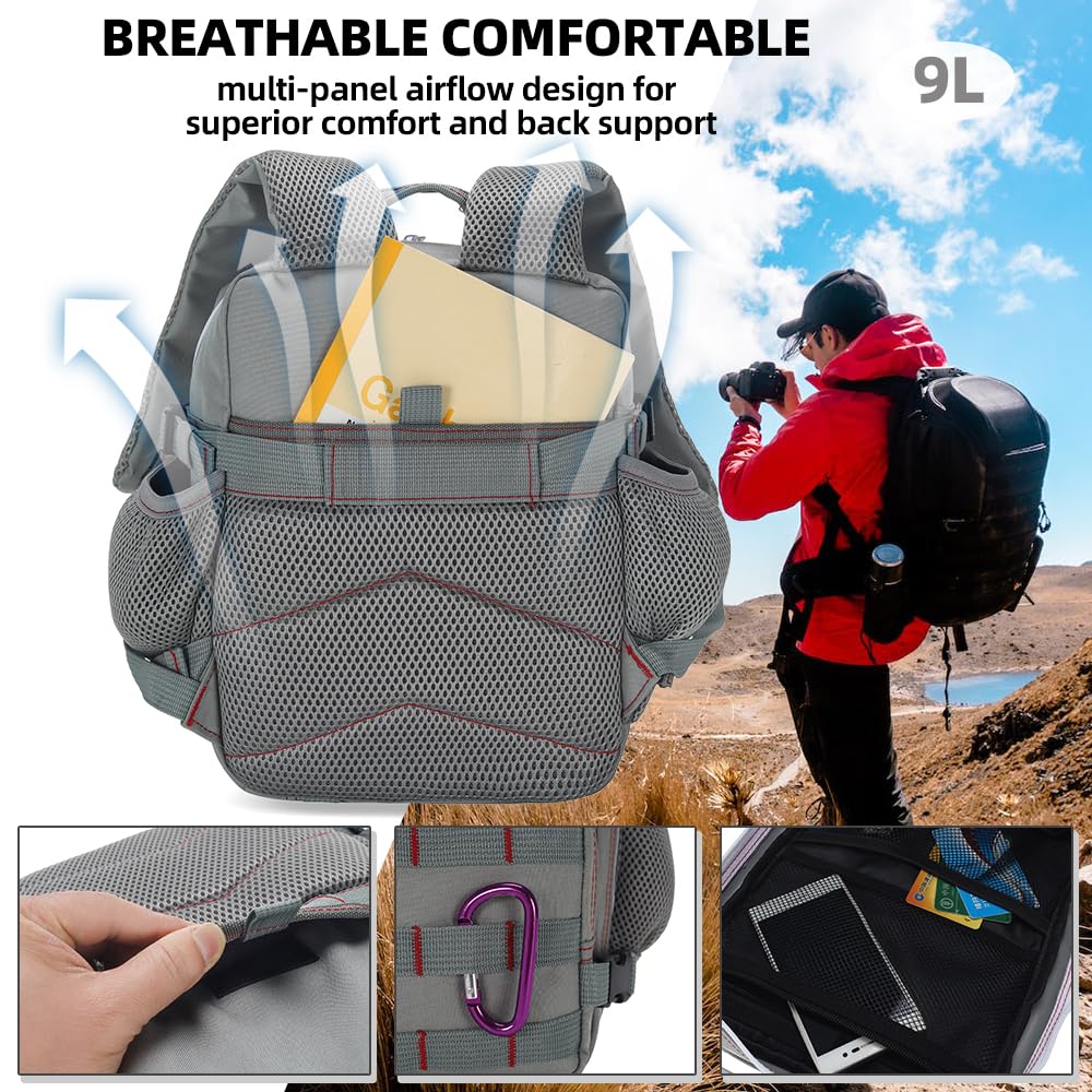 9L Mini Tactical Backpack for Men and Women, Tactical Backpack Small for Hiking, Small Tactical Bag（Grey Red）