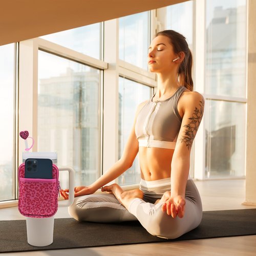 Vortika Water Bottle Pouch for Stanley with 2pcs Stanley Straw Cover, Stanley Cup Accessories 30&40 oz, Tumbler Pouch with Pocket, for Phone, Cards, Keys,Gym Accessories for Women