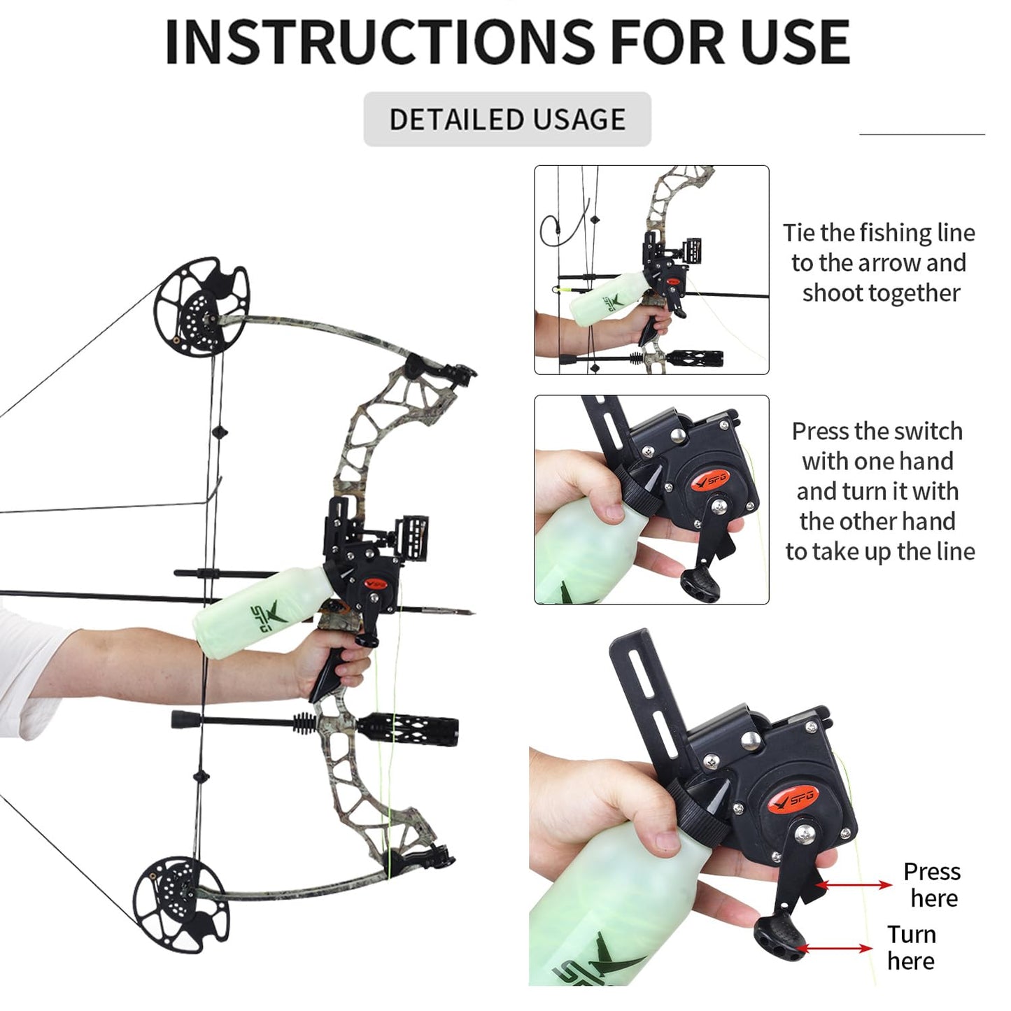 SPG Bowfishing Reel, Archery Bottle Bow Fishing Reels Kits with 40M Fishing Rope, Smooth Bowfishing Reel Kit for Right Hand Compound and Recurve Bows Tool Accessories