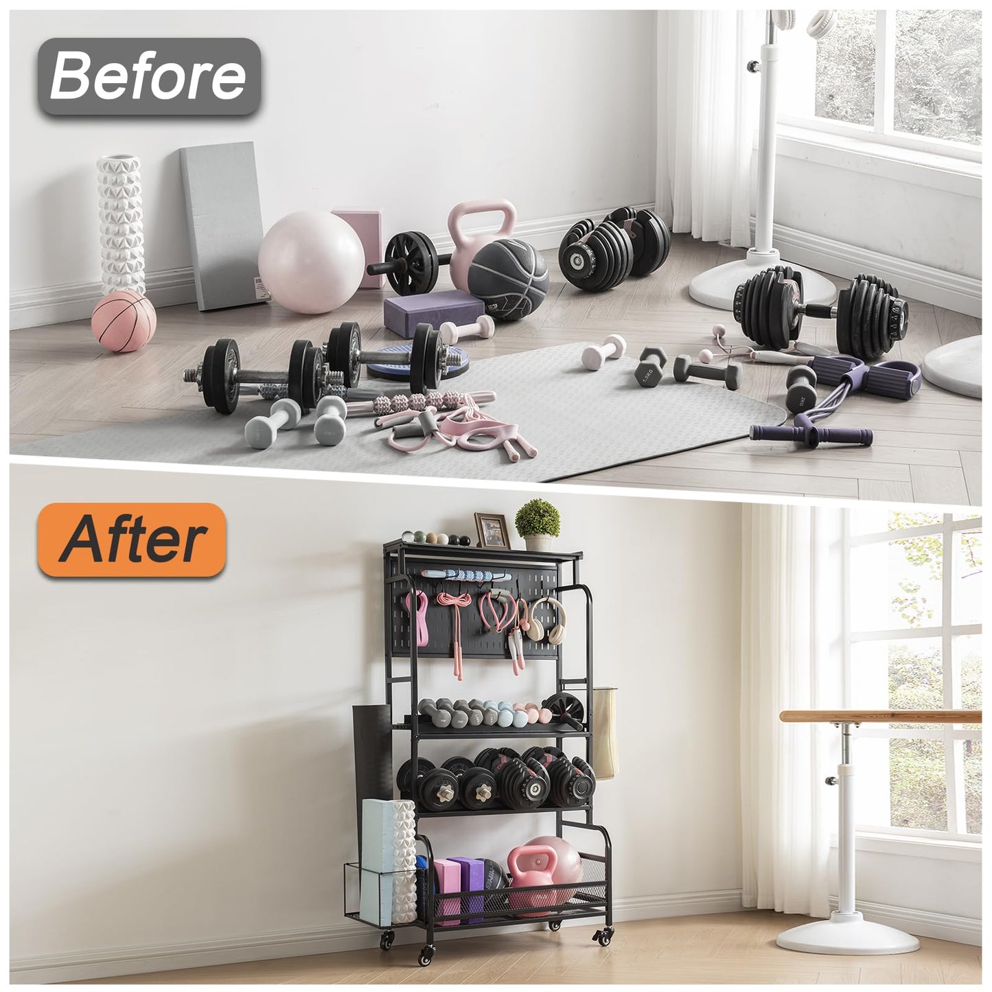 56'' Taller Home Gym Storage Organizer, Yoga Mat Storage Rack with Hanging Board, Exercise Workout Equipment Storage Stand for Home Gym, Dumbbell Holder Kettlebell Rack with Wheels and Hooks (Black)