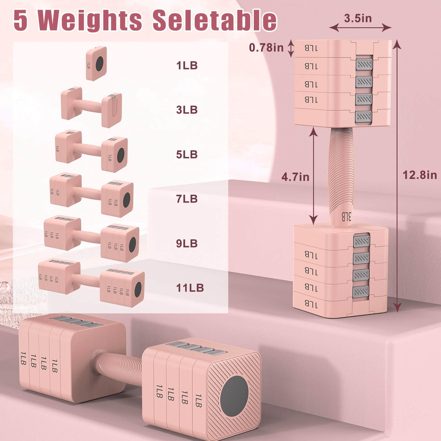 Adjustable Dumbbells Set of 2, 5-in-1 Adjustable Weight Dumbbells for Women/Men, 3lb/5lb/7lb/9lb/11lb Dumbbell Weights Set for Home Gym Workout (Pink)