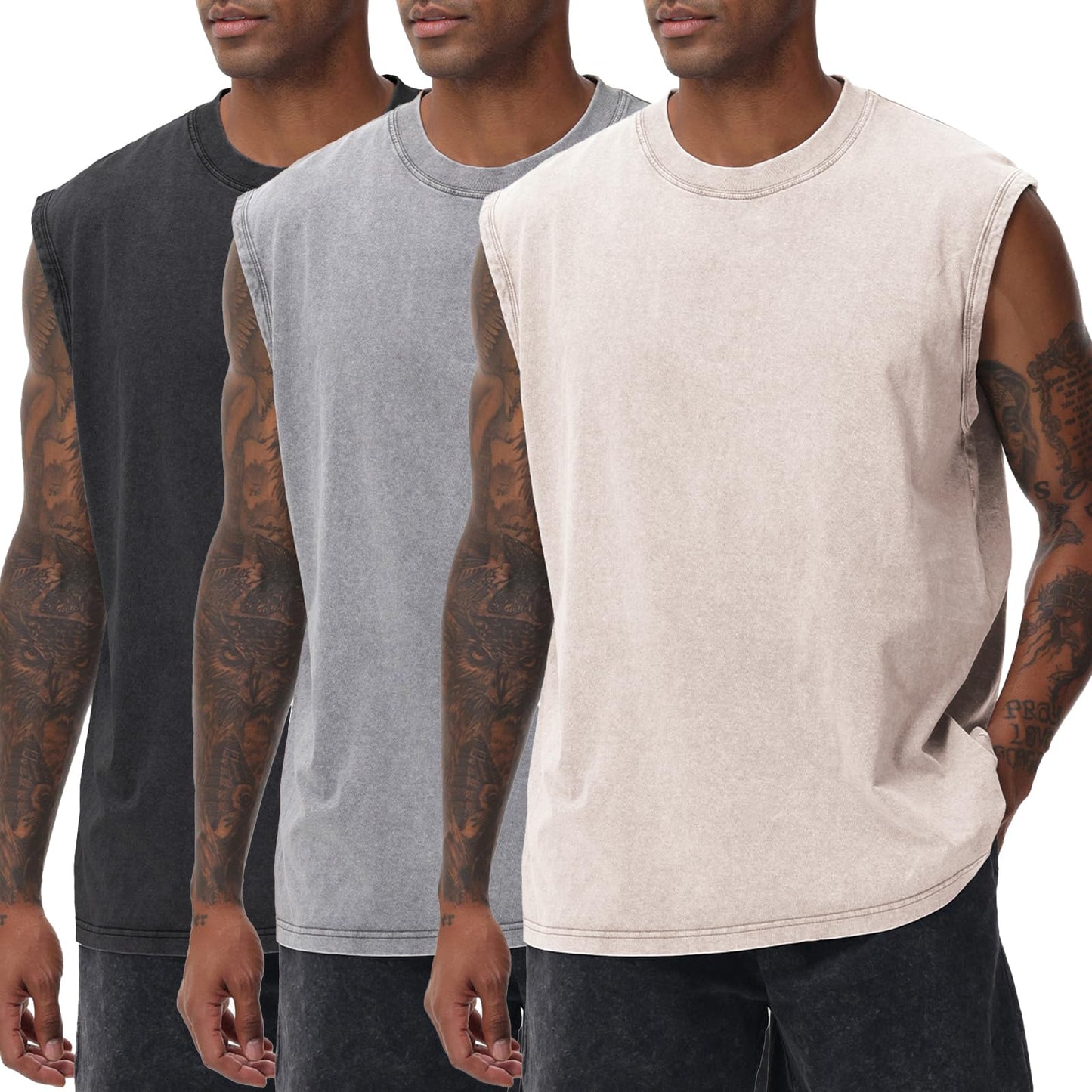 SnowElve 3 Pack Mens Workout Tank Tops Sleeveless Tee Shirts Men Muscle Shirt Gym Acid Wash T Shirts Running Beach Loose Fit Tee(ACGYBK,S)