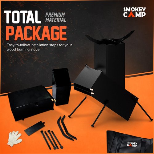 Rocket Stove for Camping Heavy Duty Wood Burning Stove with Adjustable Legs, Portable Wood Burning Fire Camping Stove, Cooking Camping Grilling Outdoor Backyard BBQ Stove with Storage Bag, Rod, Gloves