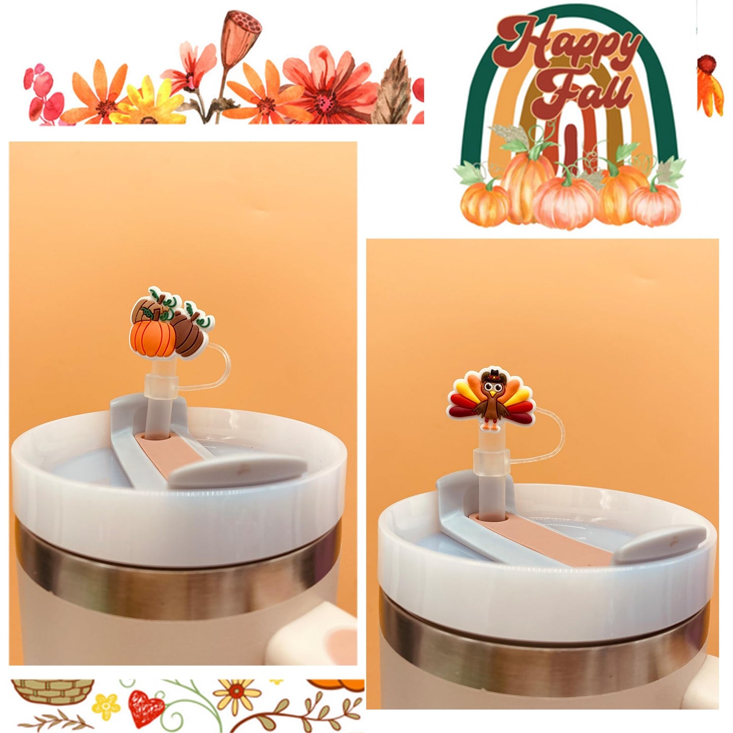 9PCS Thanksgiving Straw Cover Cap for Stanley Cup,Turkey Reusable Soft Silicone Fall Straw Toppers for Stanley 30&40 Oz Tumbler