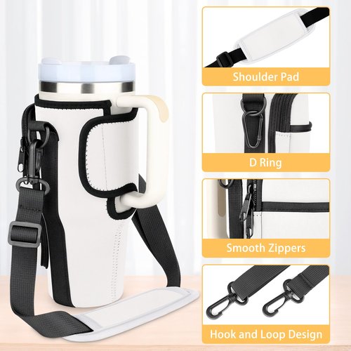 CTSZOOM Water Bottle Carrier Bag for Stanley 40 Oz Tumbler, Bottle Pouch Holder with Pocket and Adjustable Shoulder Strap for Stanley Quencher H2.0, Accessories for Stanley Cup Walking Cream