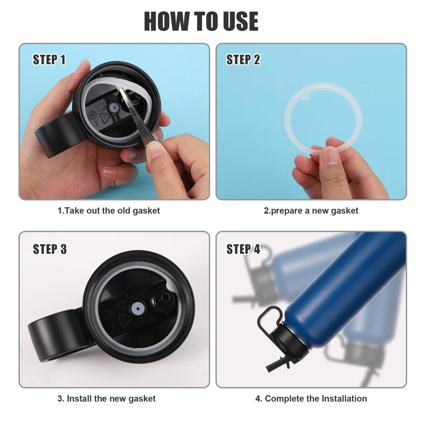 9pcs Water Bottle Gasket Replacement with Straw Brush, Silicone Sealing Rings Lid Gaskets Replacement Parts for Thermoflask 24/32/40/64oz Water Bottles